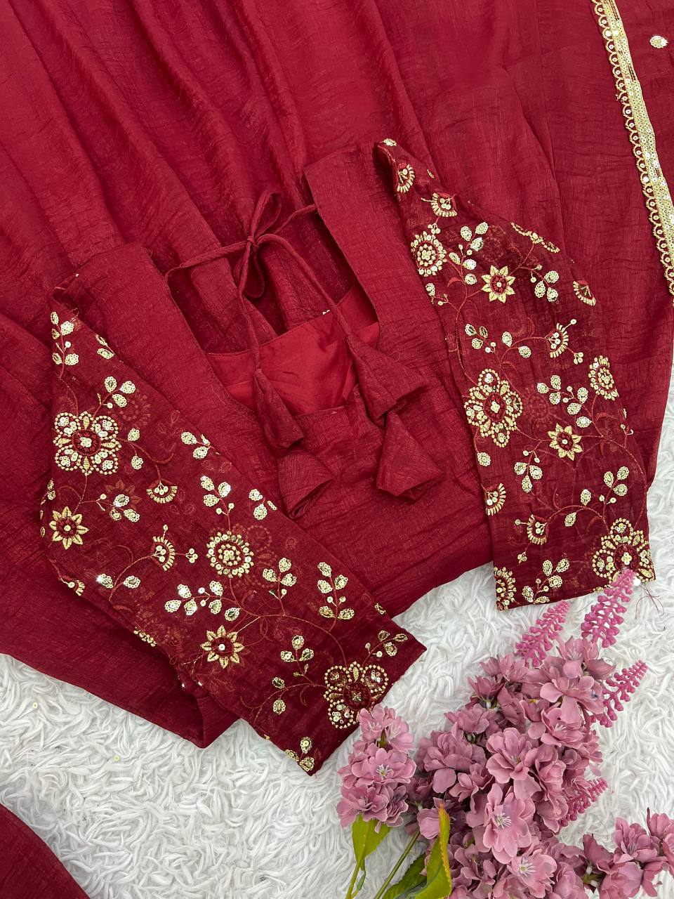 Crunchy Silk Maroon Anarkali with beautiful Dupatta
