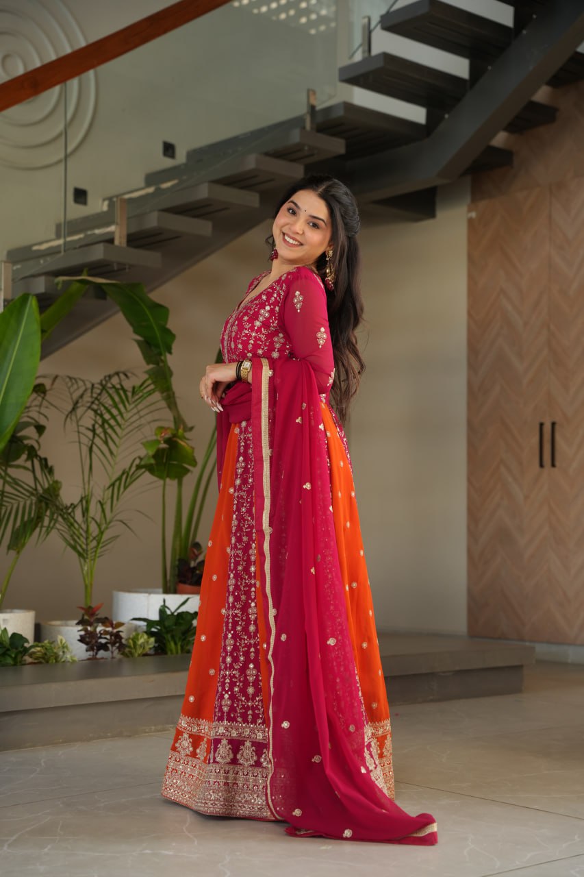 Dual Pattern Gown with Zari & Sequins Embroidered work