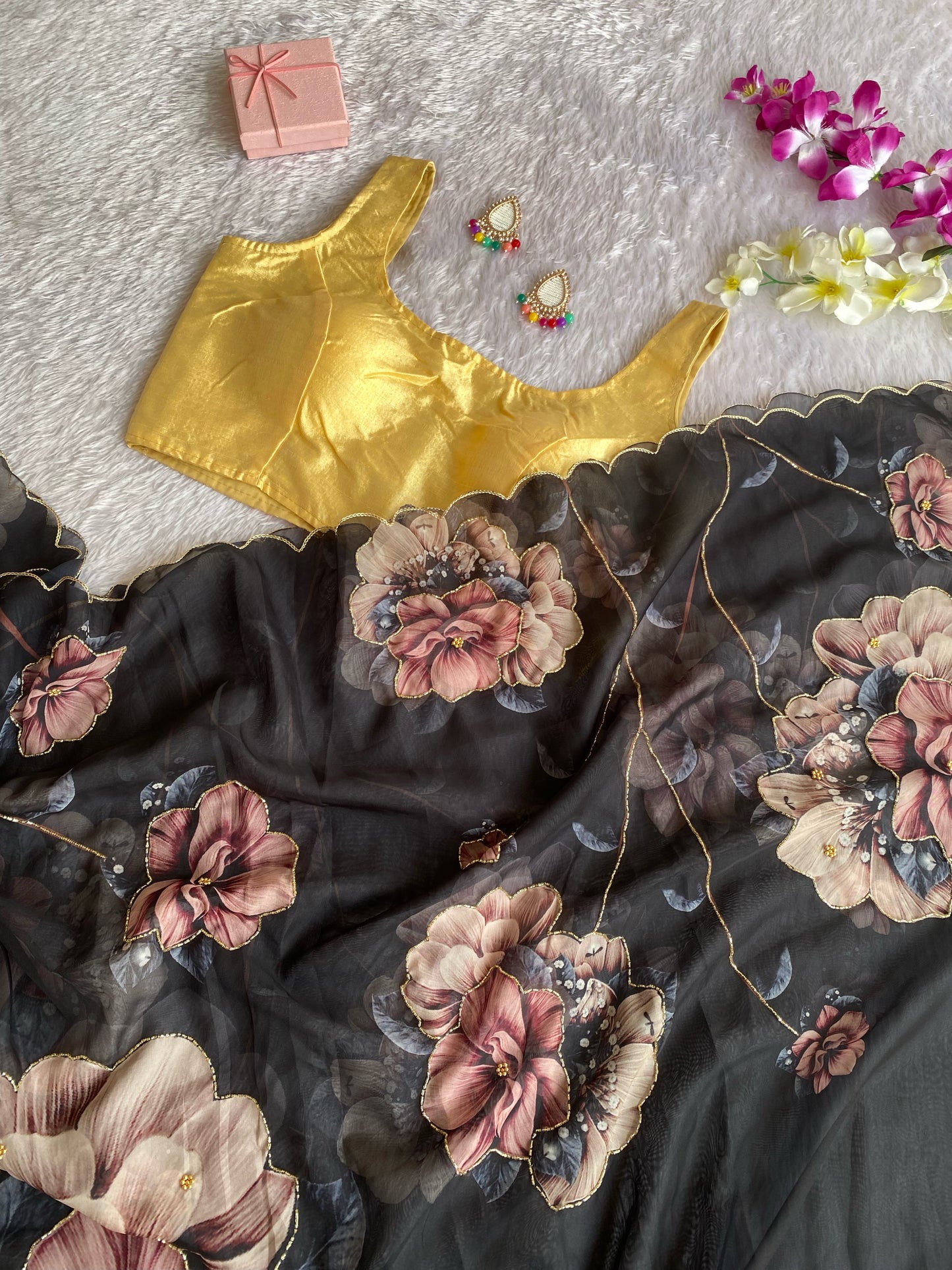 Black Organza Saree with Floral Print